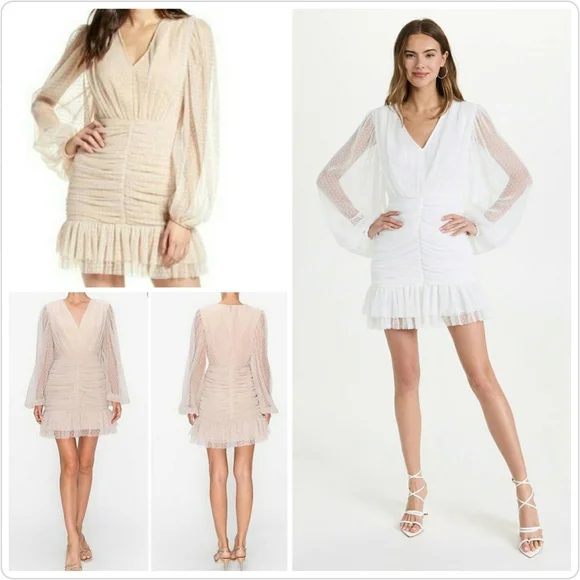 NEW Endless Rose Anthropologie Sheer Nude Pink Ruched Mini Dress Swiss Polka Dot - Picture 7 of 16